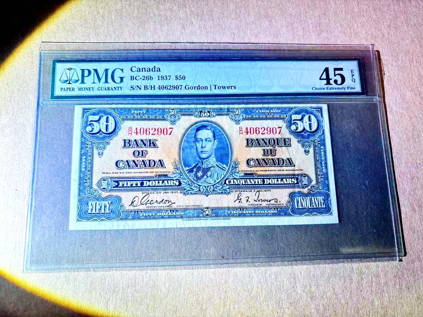 【Blue Auction】世界纸币精拍第787期——18级TOP拍卖/信誉/品质/专业/高效💫  加拿大1937年50元 英王乔六 读稿女神 雕刻精美 橘色调夺目 PMG45EPQ原票