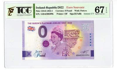PThappally收藏第55次拍卖，英联邦地区硬币纸币 -  2022  英国  0英镑纪念钞（女王白金禧年版）签名为 Richard Faille, Pick: GBAE-2022-1 TQG 67 GEPQ Superb Gem UNC