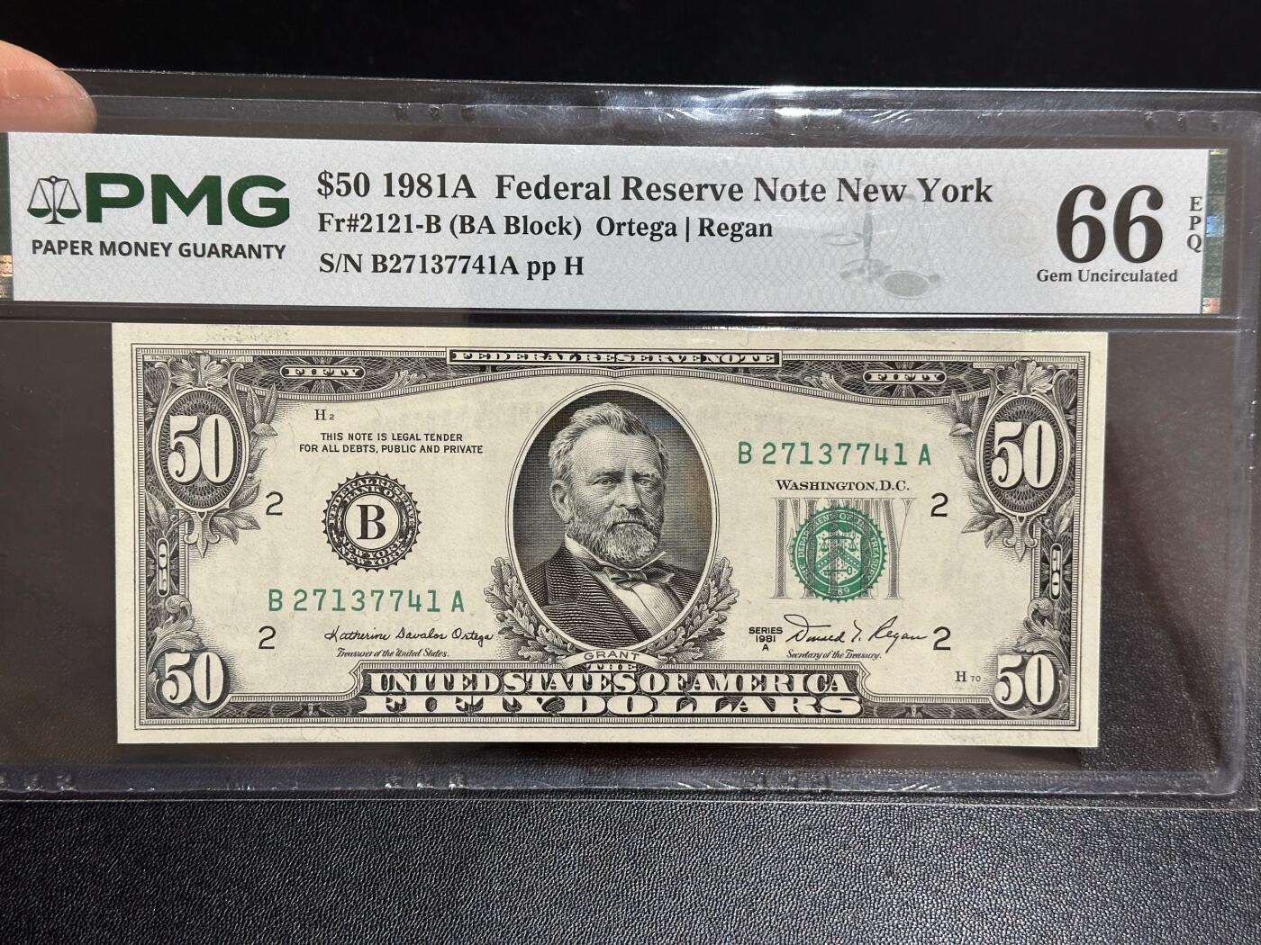 《外钞收藏家》第六百一十一期（农历新年第一场/快递恢复正常再发货）（长期征集拍品、欢迎藏友们联系合作） 1981年美国小头版50美元 PMG66 亚军分 冠军只有1枚