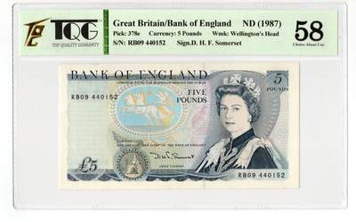 PThappally收藏第55次拍卖，英联邦地区硬币纸币 - 1987 英格兰银行 5 英镑  签名为D.H.F.Somerset, Pick:378e, TQG 58 Choice About UNC