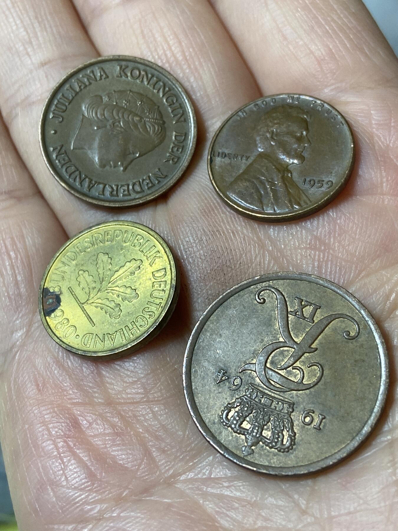 2026年第二十五场(总第一百九十四场）外国好品散币场(免佣金) 散币4枚：荷兰🇳🇱1957年5分，美国🇺🇸1959年1分，德国🇩🇪1980年5芬尼，丹麦🇩🇰1964年5欧尔