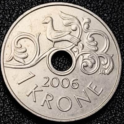 泉币菌-第189场- 情人节快乐 精品福利场 拍品较多 请提前出价（年后发货） - 哈拉尔五世小鸟 挪威1克朗圆孔铜镍币 21.0毫米 4.3克