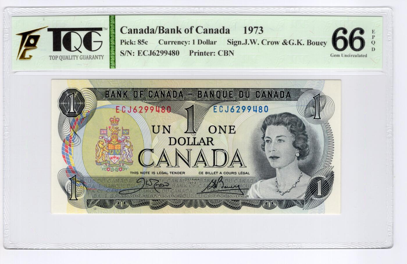 PThappally收藏第55次拍卖，英联邦地区硬币纸币 1973 加拿大 1 元  签名为John William Crow &Gerald Keith Bouey, Pick: 85c, TQG 66 EPQD Gem UNC