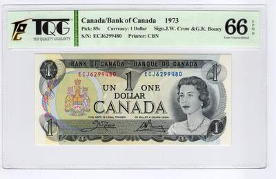 PThappally收藏第55次拍卖，英联邦地区硬币纸币 - 1973 加拿大 1 元  签名为John William Crow &Gerald Keith Bouey, Pick: 85c, TQG 66 EPQD Gem UNC