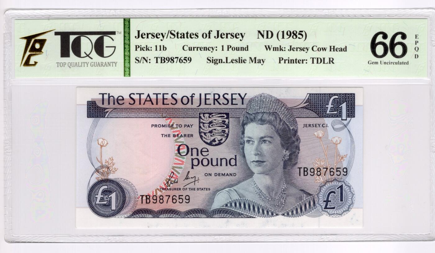 PThappally收藏第55次拍卖，英联邦地区硬币纸币 1985 泽西岛 1镑  签名为Leslie May, Pick: 11b, TQG 66 EPQD Gem UNC