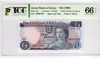 PThappally收藏第55次拍卖，英联邦地区硬币纸币 - 1985 泽西岛 1镑  签名为Leslie May, Pick: 11b, TQG 66 EPQD Gem UNC