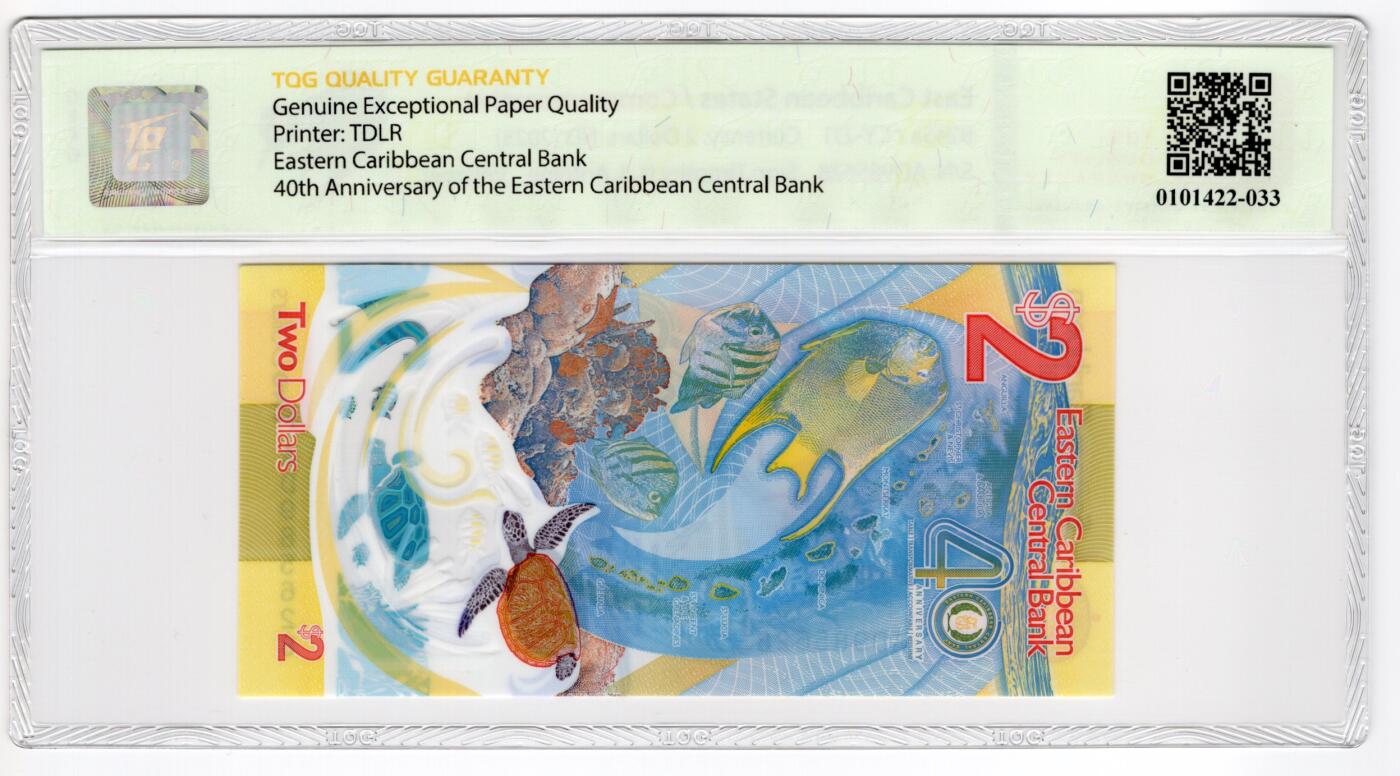 PThappally收藏第55次拍卖，英联邦地区硬币纸币 2023 东加勒比  2 元纪念钞（东加勒比中央银行成立 40 周年）Pick: 61, TQG 67 GEPQ  Superb Gem UNC