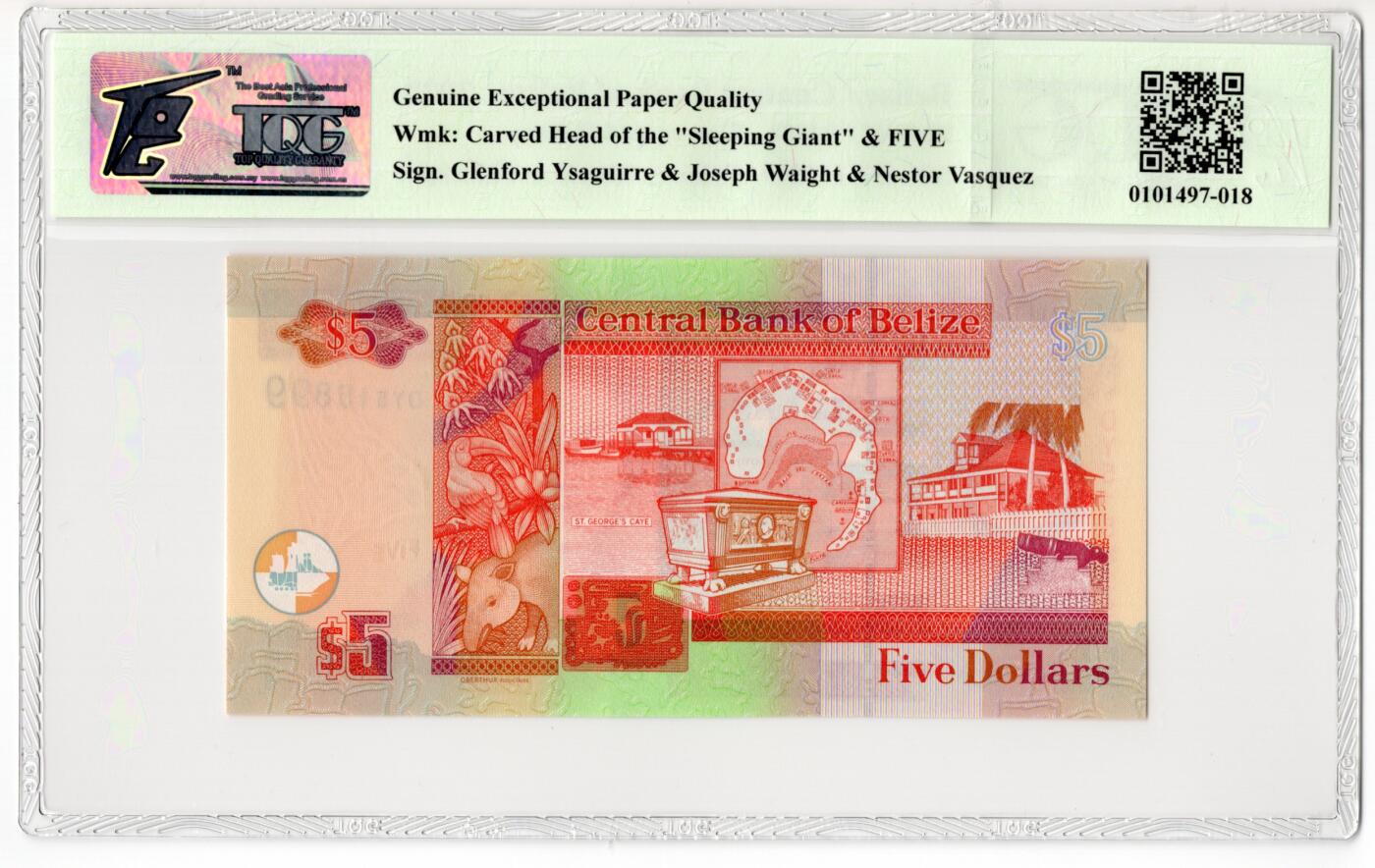 PThappally收藏第55次拍卖，英联邦地区硬币纸币  2020 伯利兹 5 元纸币   签名为 Audrey Joy Gran& Joseph D. Waight&Nestor Vasquez, Pick: 67, TQG 66 GEPQ Gem UNC