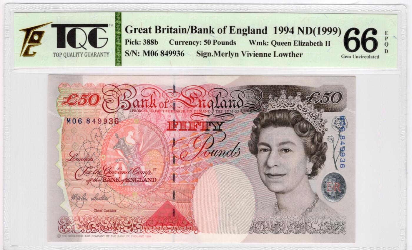 PThappally收藏第55次拍卖，英联邦地区硬币纸币 1999 英格兰银行 50 英镑  签名为Merlyn Lowther, Pick:388b, TQG 66 EPQD Gem UNC