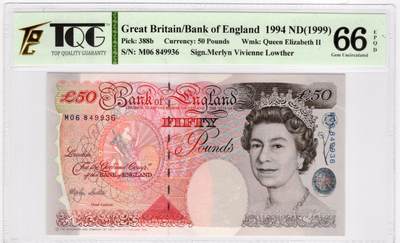 PThappally收藏第55次拍卖，英联邦地区硬币纸币 - 1999 英格兰银行 50 英镑  签名为Merlyn Lowther, Pick:388b, TQG 66 EPQD Gem UNC