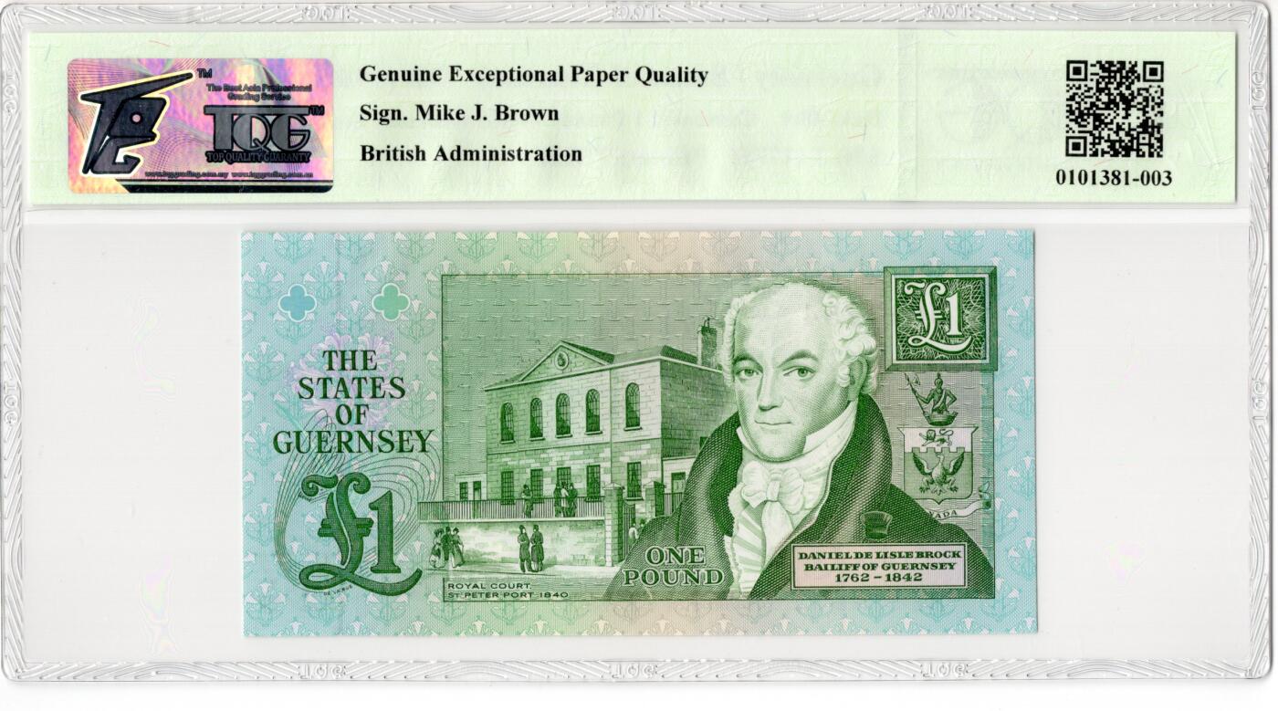 PThappally收藏第55次拍卖，英联邦地区硬币纸币 1989 根西岛 1 镑  签名为M.J Brown,  Pick:48ct, TQG 67 GEPQ Superb Gem UNC