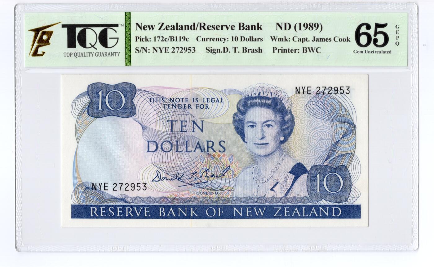 PThappally收藏第55次拍卖，英联邦地区硬币纸币 1989 新西兰 10元   签名为Donald Thomas Brash, Pick: 172c,  TQG 65 GEPQ Gem UNC
