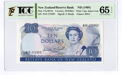 PThappally收藏第55次拍卖，英联邦地区硬币纸币 - 1989 新西兰 10元   签名为Donald Thomas Brash, Pick: 172c,  TQG 65 GEPQ Gem UNC