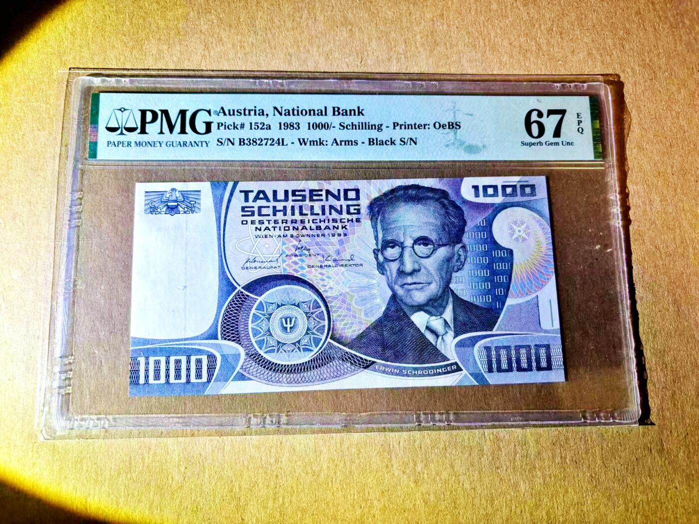 【Blue Auction】世界纸币精拍第787期——18级TOP拍卖/信誉/品质/专业/高效💫  奥地利 1983年1000先令 薛定谔 PMG67EPQ 