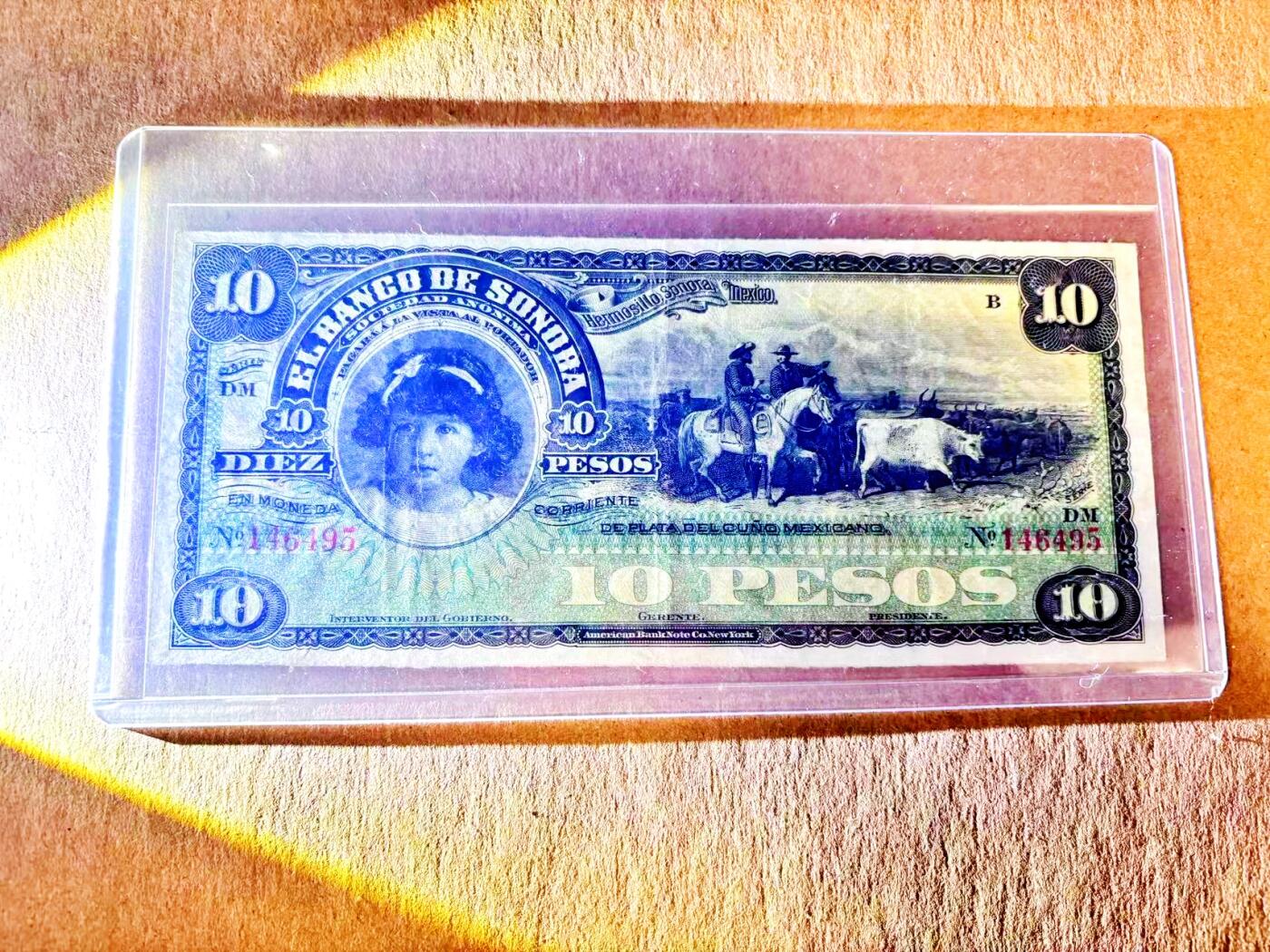 【Blue Auction】世界纸币精拍第787期——18级TOP拍卖/信誉/品质/专业/高效💫   墨西哥1899-1911年10比索 美钞知名人物、独裁者迪亚斯心腹Ramón Corral的女儿——Hortensia Corral Vélez 高乔人骑马牧牛 索诺拉银行唯一一版纸币 品相如图
