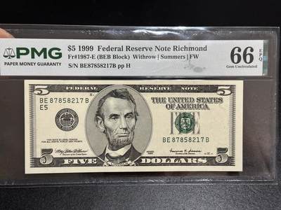 《外钞收藏家》第六百一十一期（农历新年第一场/快递恢复正常再发货）（长期征集拍品、欢迎藏友们联系合作） - 1999年美国大头版5美元 PMG66 号码无4