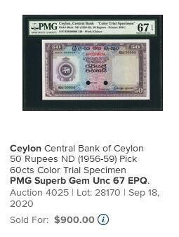 【Blue Auction】世界纸币精拍第787期——18级TOP拍卖/信誉/品质/专业/高效💫  【唯一冠军分 试色样票如此高分珍罕 该套筋票】锡兰 1956-59年50卢比 BWC出品 PMG68EPQ超高分 该面值实钞好品极少见为该套最难找到的 设计非常漂亮 背面古城波隆纳鲁沃象征生死轮回和通往自由道路的月亮石 （67分5年前都拍了900美金 这张68分唯一冠军分价值可想而知）