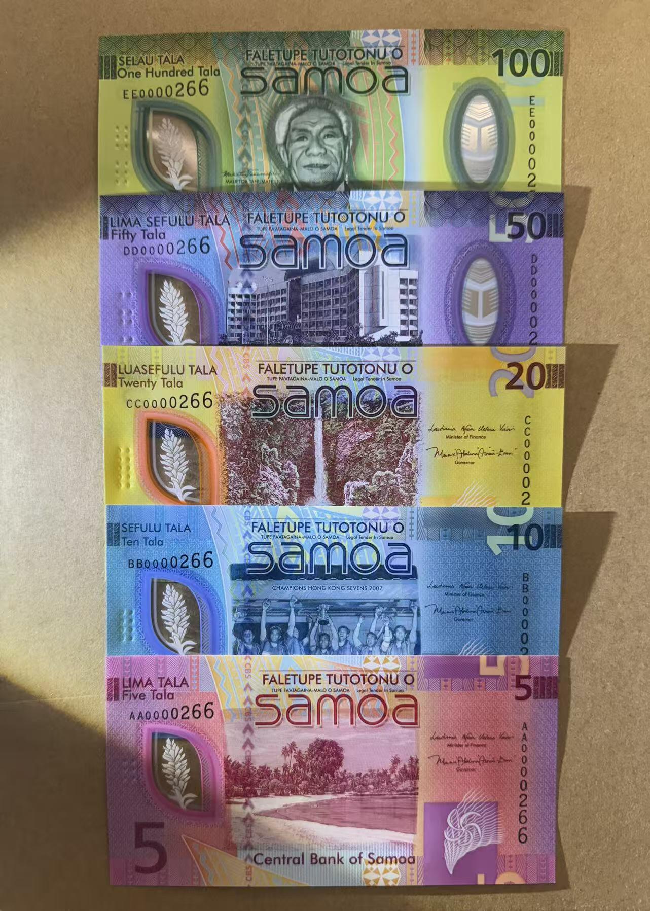 【Blue Auction】世界纸币精拍第787期——18级TOP拍卖/信誉/品质/专业/高效💫  【一组5张首发冠 266全同小号】萨摩亚 新版5-100塔拉 全新UNC