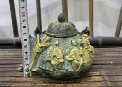 旧藏仿大明宣德年制青铜鎏金雕刻八仙人物铜壶