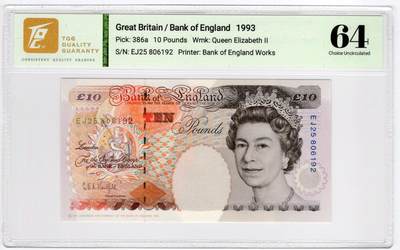 PThappally收藏第55次拍卖，英联邦地区硬币纸币 - 1993 英格兰银行 10 英镑  签名为G.E.A. Kentfield, Pick:386a, TQG 64 Choice UNC