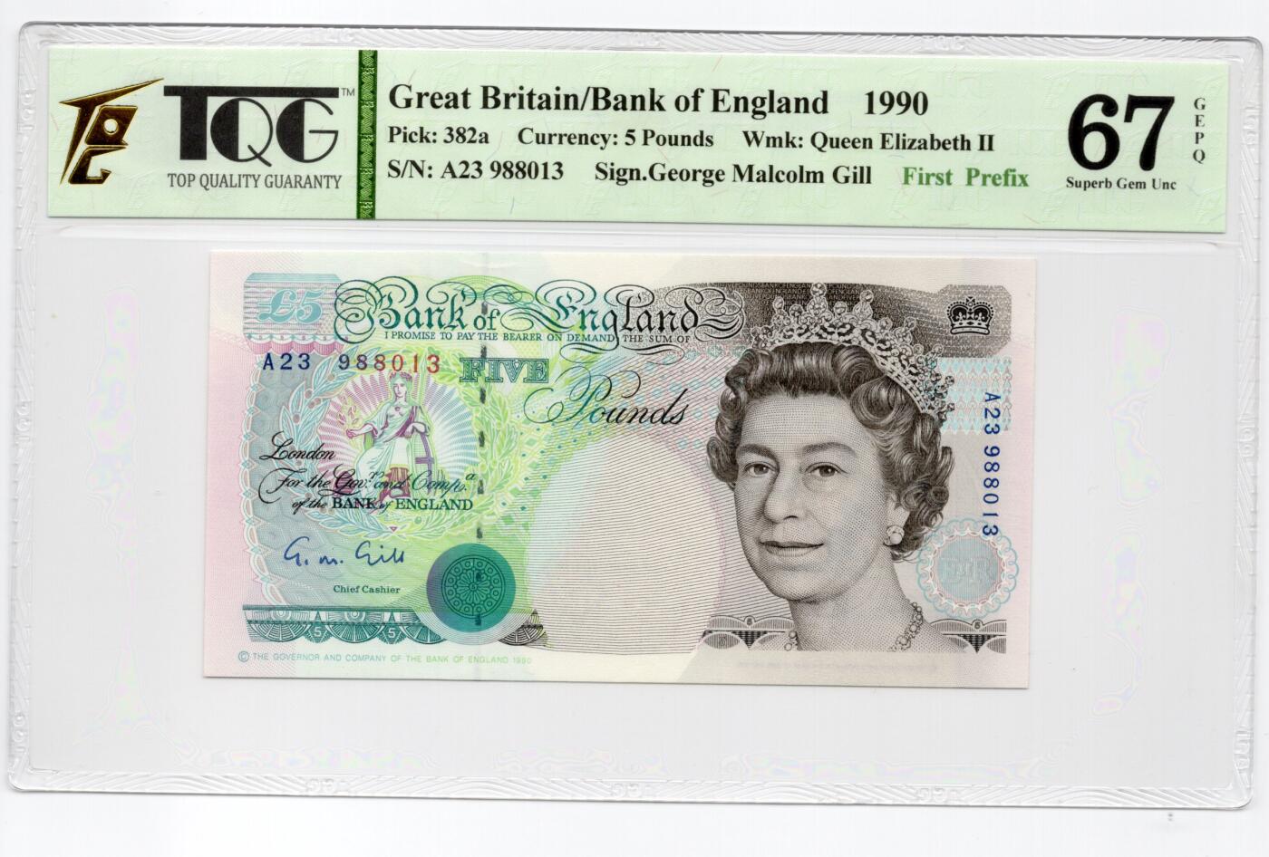 PThappally收藏第55次拍卖，英联邦地区硬币纸币 1990 英格兰银行 5 英镑  签名为G.M.Gill, Pick:382a,  TQG 67 GEPQ Superb Gem UNC