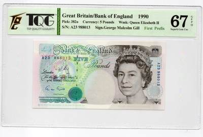 PThappally收藏第55次拍卖，英联邦地区硬币纸币 - 1990 英格兰银行 5 英镑  签名为G.M.Gill, Pick:382a,  TQG 67 GEPQ Superb Gem UNC