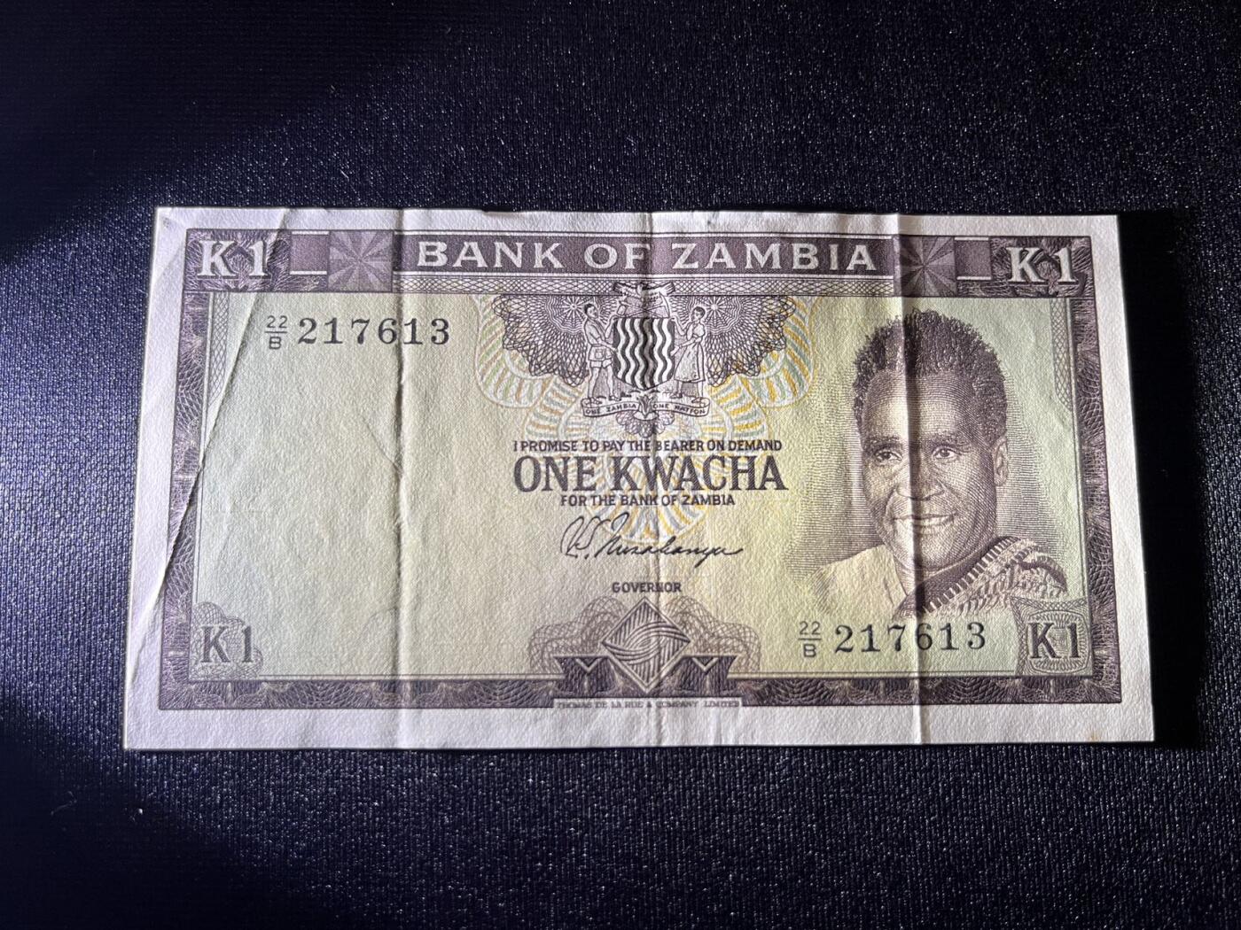 世界各国纸币拍卖 1969年 赞比亚1克瓦查 实物图
