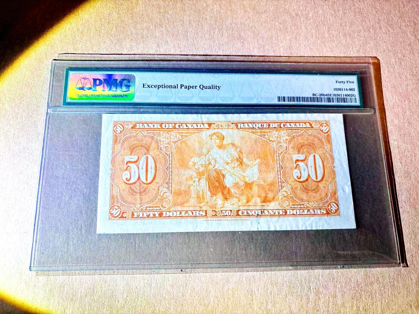 【Blue Auction】世界纸币精拍第787期——18级TOP拍卖/信誉/品质/专业/高效💫  加拿大1937年50元 英王乔六 读稿女神 雕刻精美 橘色调夺目 PMG45EPQ原票