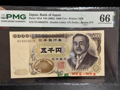 《外钞收藏家》第六百一十一期（农历新年第一场/快递恢复正常再发货）（长期征集拍品、欢迎藏友们联系合作） - 2003年日本5000日元 新渡户 PMG66