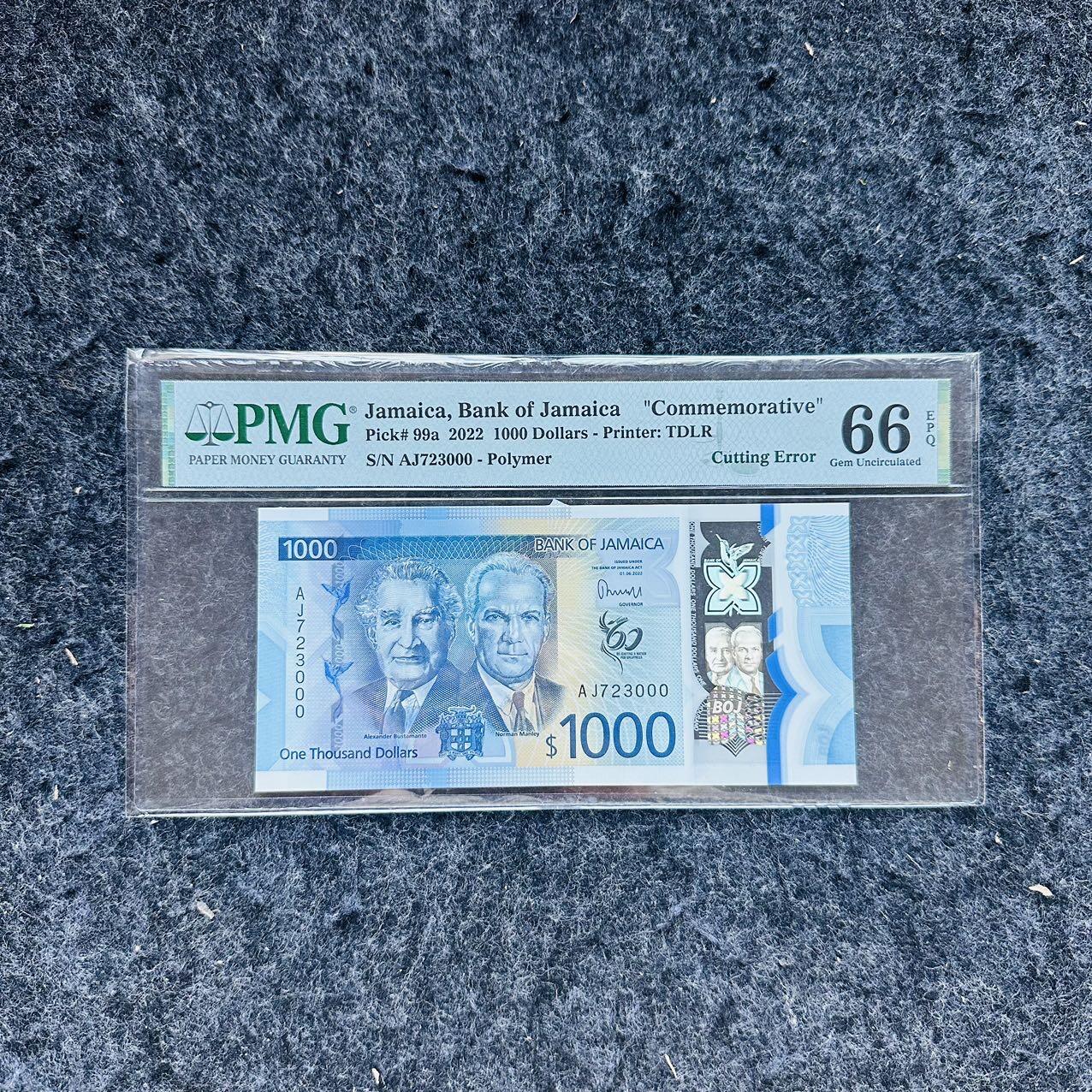 🇨🇳🇺🇳¥ ¥2026🐎新年塑料钞评级钞 牙买加2022年1000元，流通纪念钞，豹子号000，错版，(AJ723000)