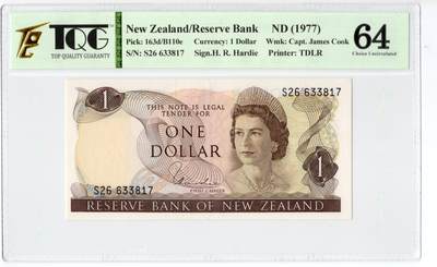 PThappally收藏第55次拍卖，英联邦地区硬币纸币 - 1977 新西兰 1元   签名为H. Ray Hardie, Pick: 163d TQG 64 Choice UNC