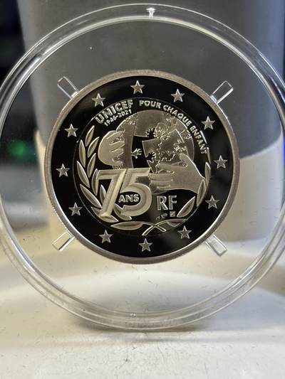 第191期拍卖 - 法国2021年联合国儿童基金会成立75年2欧精制币，8.5克，发行10000枚