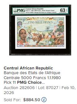 【Blue Auction】世界纸币精拍第787期——18级TOP拍卖/信誉/品质/专业/高效💫   中非共和国 1980年5000法郎 经典大烟斗 画面丰富 大方块 设计精美 PMG63EPQ 法属玩家必备品种