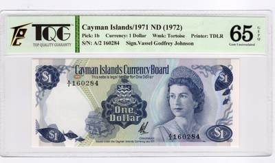 PThappally收藏第55次拍卖，英联邦地区硬币纸币 - 1972年 开曼群岛 1 元  签名为Vassel Godfrey Johnson, Pick:1b, TQG 65 GEPQ Gem UNC