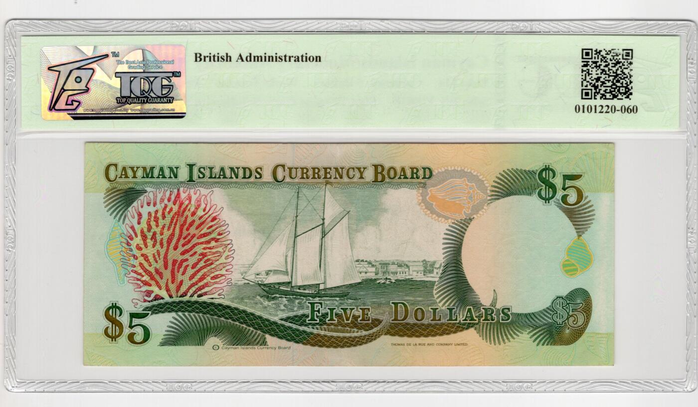 PThappally收藏第55次拍卖，英联邦地区硬币纸币 1991年 开曼群岛 5 元  签名为Thomas Carrol Jefferson, Pick: 12a, TQG 64 Choice  UNC