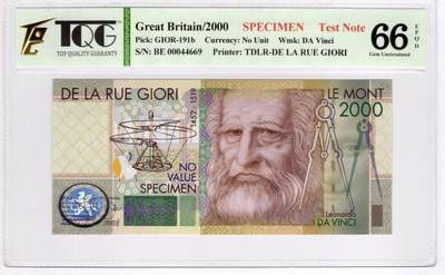 PThappally收藏第55次拍卖，英联邦地区硬币纸币 - 2000 大不列颠 英国德纳罗 - 乔里印钞公司  无面值测试标本钞, GIOR 191b,  TQG  66 EPQD Gem UNC