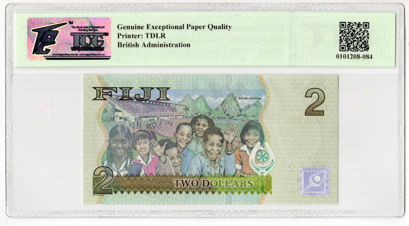 PThappally收藏第55次拍卖，英联邦地区硬币纸币 2011 斐济 2元 签名为 Barry Whiteside, Pick: 109b,  TQG 66 GEPQ Gem UNC