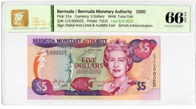 PThappally收藏第55次拍卖，英联邦地区硬币纸币 - 2000 百慕大 5 元 签名为 Cheryl-Ann Lister&Audette Exel, Pick 51a, Low S/N 0025, TQG 66 EPQD Gem UNC