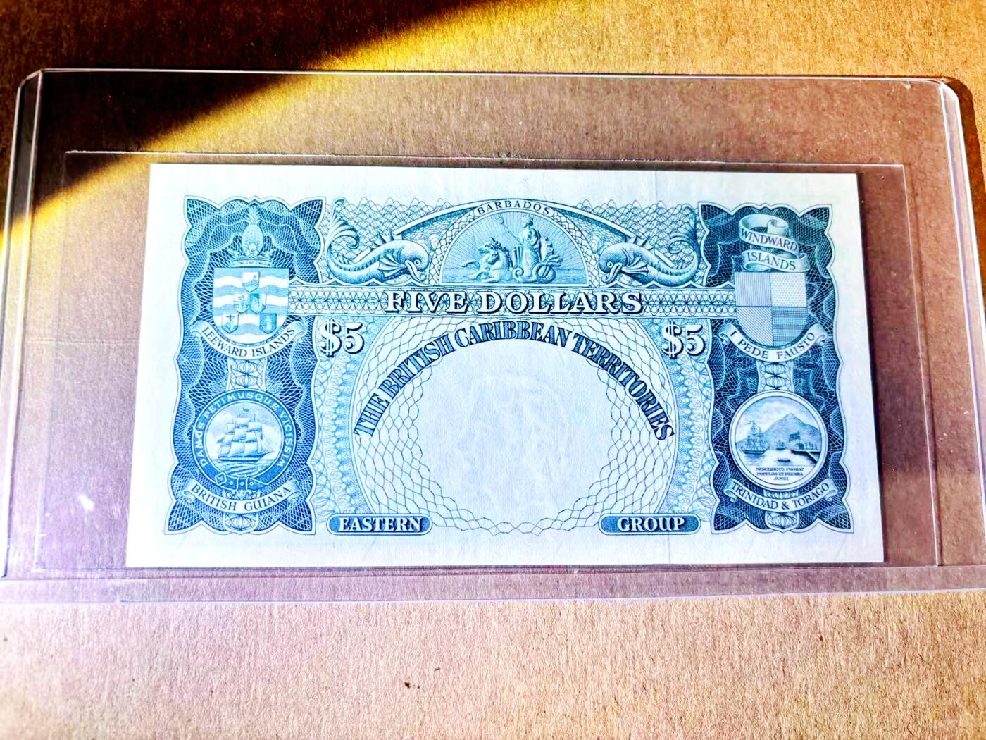 【Blue Auction】世界纸币精拍第787期——18级TOP拍卖/信誉/品质/专业/高效💫  英属加勒比1958年5元 大冠女王 AU品相