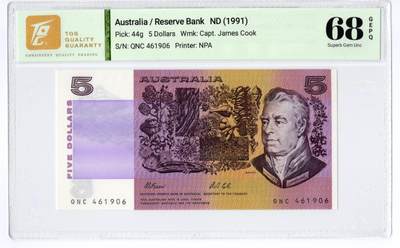 PThappally收藏第55次拍卖，英联邦地区硬币纸币 - 1991 澳大利亚 5元   签名为 B. W. Fraser & A. S. Cole, Pick: 44g TQG 68 GEPQ Superb Gem UNC