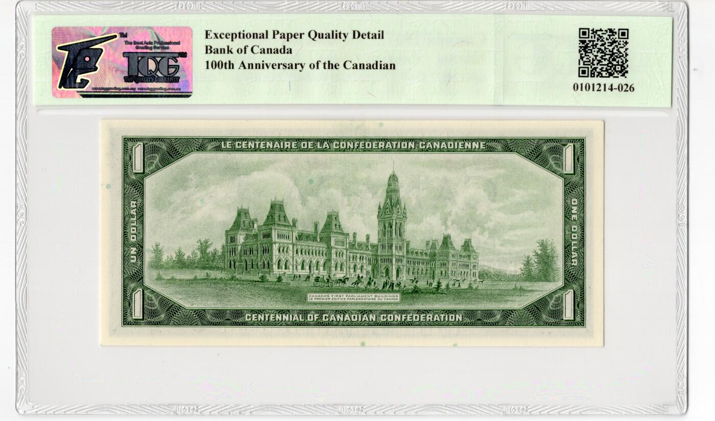 PThappally收藏第55次拍卖，英联邦地区硬币纸币 1967 加拿大 联邦百年纪念 1 元流通纪念钞    签名为 John Robert Beattie& Louis Rasminsky, Pick: 84a,  TQG 66 EPQD Gem UNC