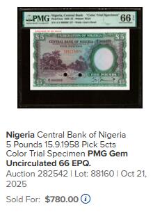 【Blue Auction】世界纸币精拍第787期——18级TOP拍卖/信誉/品质/专业/高效💫  【亚军分 第88号试色样钞 最高值】尼日利亚1958年5镑 尼日尔河河景与收割油棕果 雄狮水印 大票幅 纹理深邃 色调庄重 过渡自然 等值B序列5英镑 去年10月另一张拍出780美金 PMG66EPQ