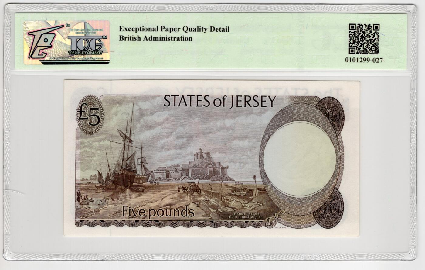 PThappally收藏第55次拍卖，英联邦地区硬币纸币 1976 泽西岛 5镑  签名为C. Bennett（ Clennett Bennett) Pick:12a,  TQG 66 EPQD Gem UNC
