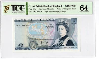 PThappally收藏第55次拍卖，英联邦地区硬币纸币 - 1971 英格兰银行 5 英镑  签名为John Brangwyn Page (JBP）Pick: 378a, TQG 64 Choice UNC