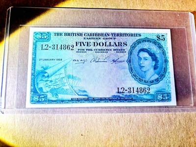 【Blue Auction】世界纸币精拍第787期——18级TOP拍卖/信誉/品质/专业/高效💫  - 英属加勒比1958年5元 大冠女王 AU品相