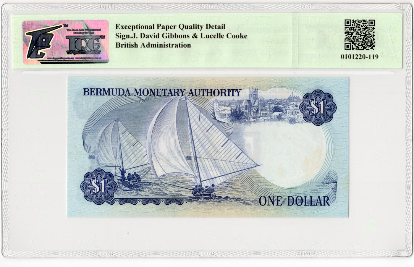 PThappally收藏第55次拍卖，英联邦地区硬币纸币 1986 百慕大 1 元 签名为J. David Gibbons& Lucelle Cook, Pick: 28c, TQG 66 EPQD  Gem UNC