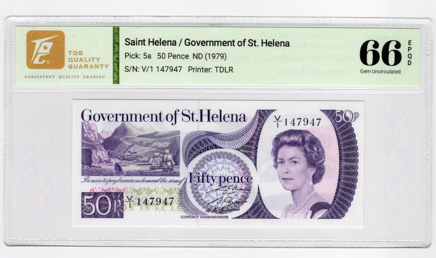 PThappally收藏第55次拍卖，英联邦地区硬币纸币 1979  圣赫勒拿  50 便士 签名为P.E. Aldous & S. Gillet & G.C. Lawrence, Pick: 5a, TQG 66 EPQD Gem UNC