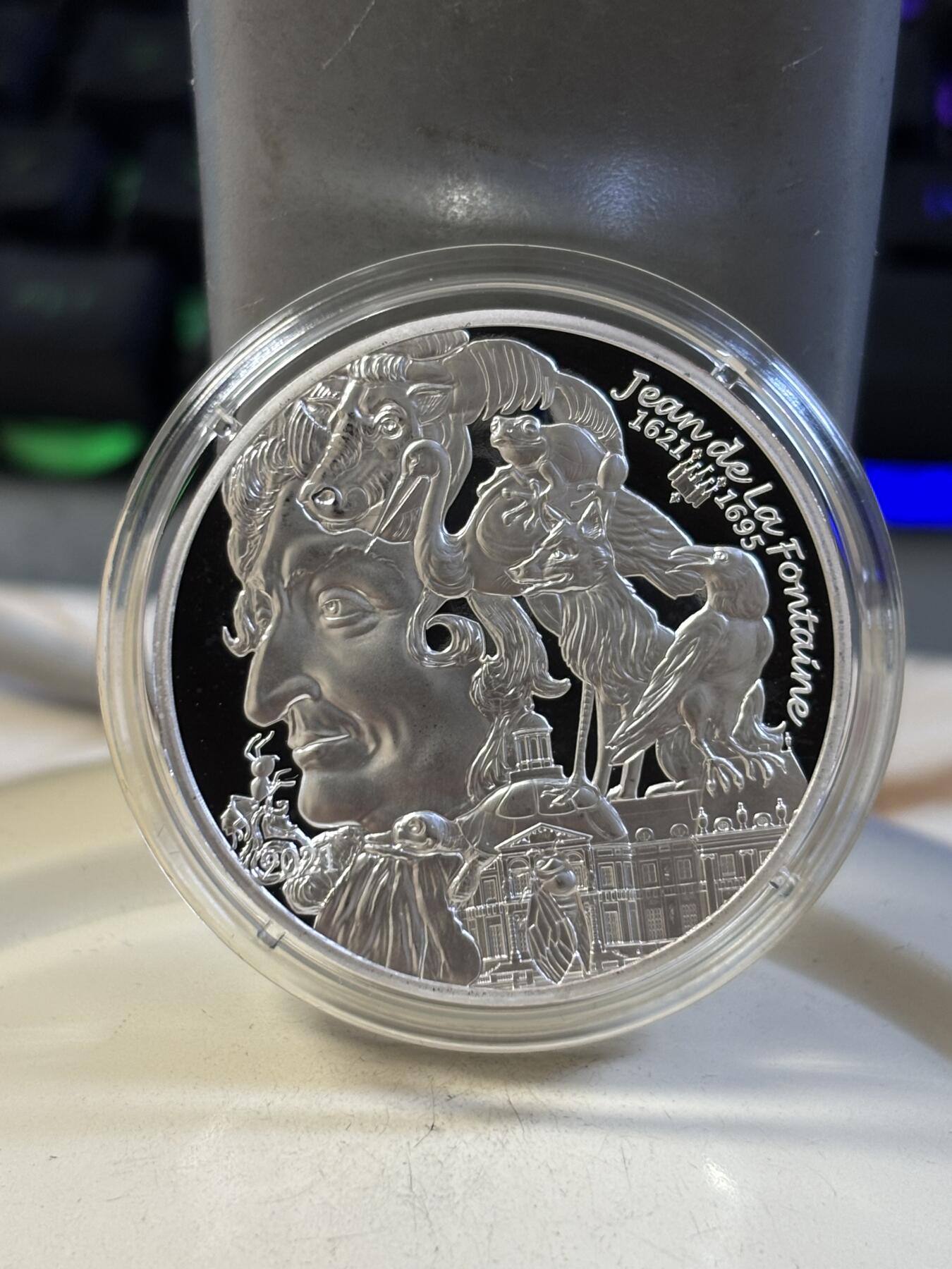 第191期拍卖 法国2021年笔尖艺术让·德·拉·封丹诞辰加厚银币，999银，发行3000枚