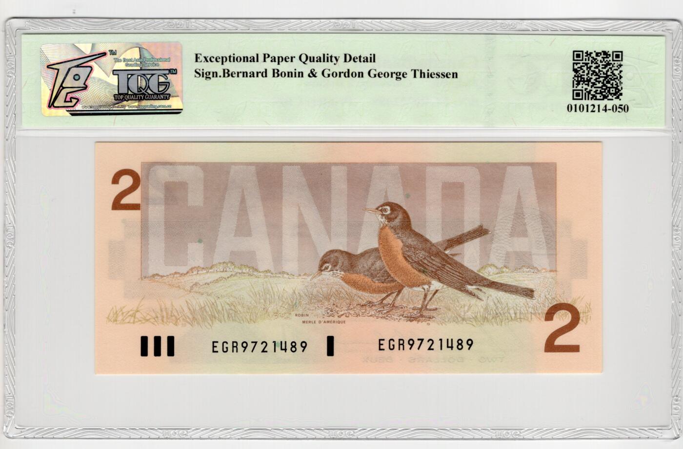 PThappally收藏第55次拍卖，英联邦地区硬币纸币 1994 加拿大 2 元  签名为Bernard Bonin& Gordon George Thiessen, Pick:94c, TQG 66 EPQD Gem UNC