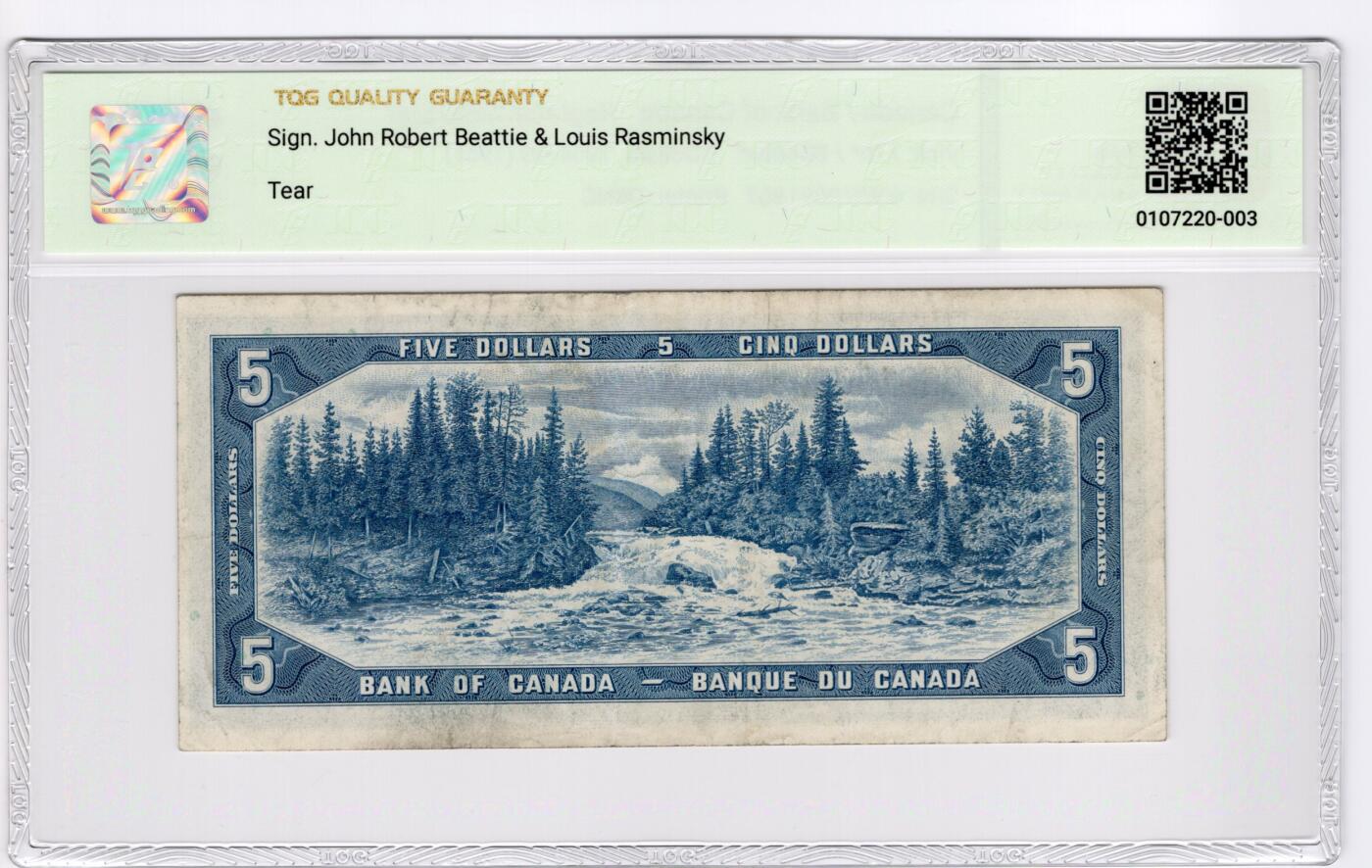 PThappally收藏第55次拍卖，英联邦地区硬币纸币 1961 加拿大 5 元 补号纸币/星号券  签名为John Robert Beattie &Louis Rasminsky, Pick: 77b* (Replacement Star) TQG 35 Very Fine